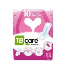  ALMOHADILLAS SANITARIAS C/ALAS MARCA TB CARE CLÁSICA ULTRA FINA PQTE X 10 U