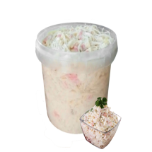Ensalada Fria 4 Lt- Ingredients: coditos, pollo, salchicha, dulce de piÃ±a, pepinillo curtido, aceitunas, Mayonesa.
