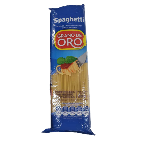 Pasta de trigo seleccionada, Grano de Oro, 500g Spaghetti, fortificada con hierro y vitaminas.