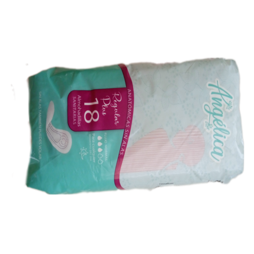 ALMOHADILLA SANITARIA ANATÓMICA REGULAR PLUS S/ALAS SUPERABSORBENTE BOLSA 18 UNIDADES, M/ANGÉLICA,