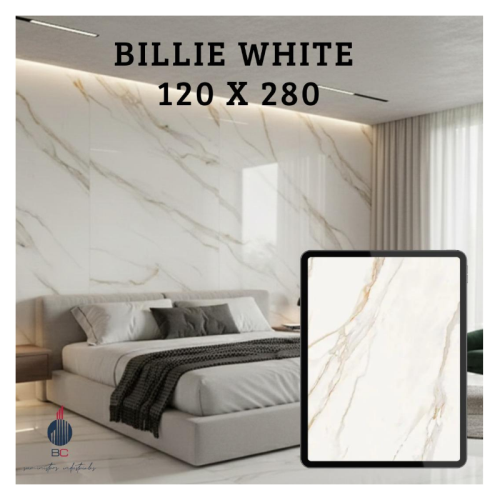 Porcelanato gran formato Billie white pulido, 120x280 cm 