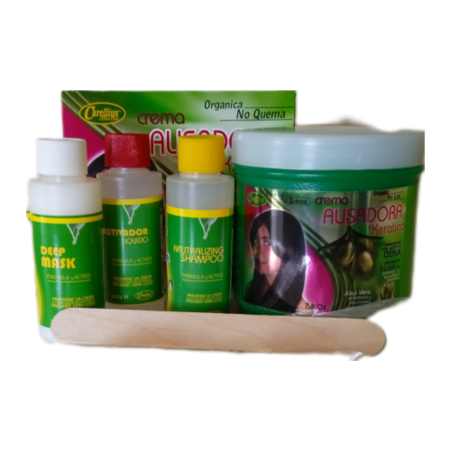 KIT CREMA  ALISADORA  NO LYE  7.8 ONZ(CARELLIUS) 221 GR( MASCARILLA 56.7 GR+LIQUIDO ACTIVADOR 59 ML+SHAMPOO NEUTRALIZANTE 59 ML+CREMA ALISADORA 221 GR)   M/CARELLIUS