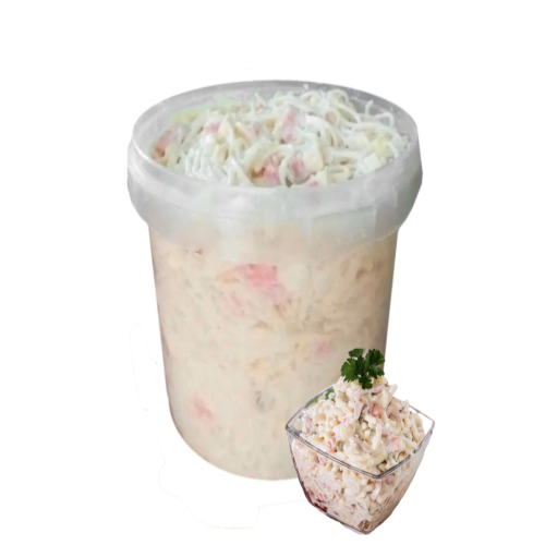 Ensalada Fria 4 Lt- Ingredients: coditos, pollo, salchicha, dulce de piÃ±a, pepinillo curtido, aceitunas, Mayonesa.